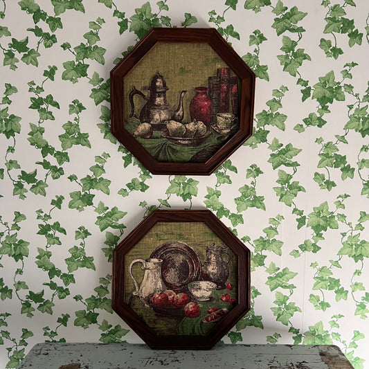 Vintage Still Life Kitchen Scenes on Linen by Kaydee Handprints USA Pair