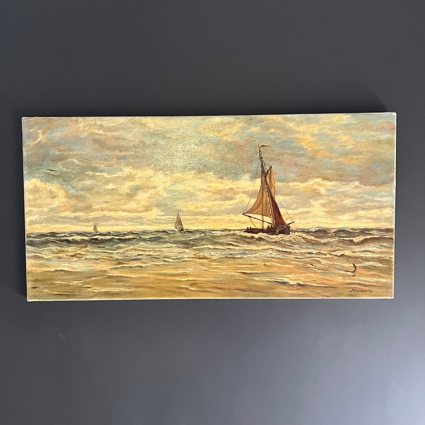 Large Vintage Oil Painting Seascape Sailboats on the Ocean Dutch c1980s