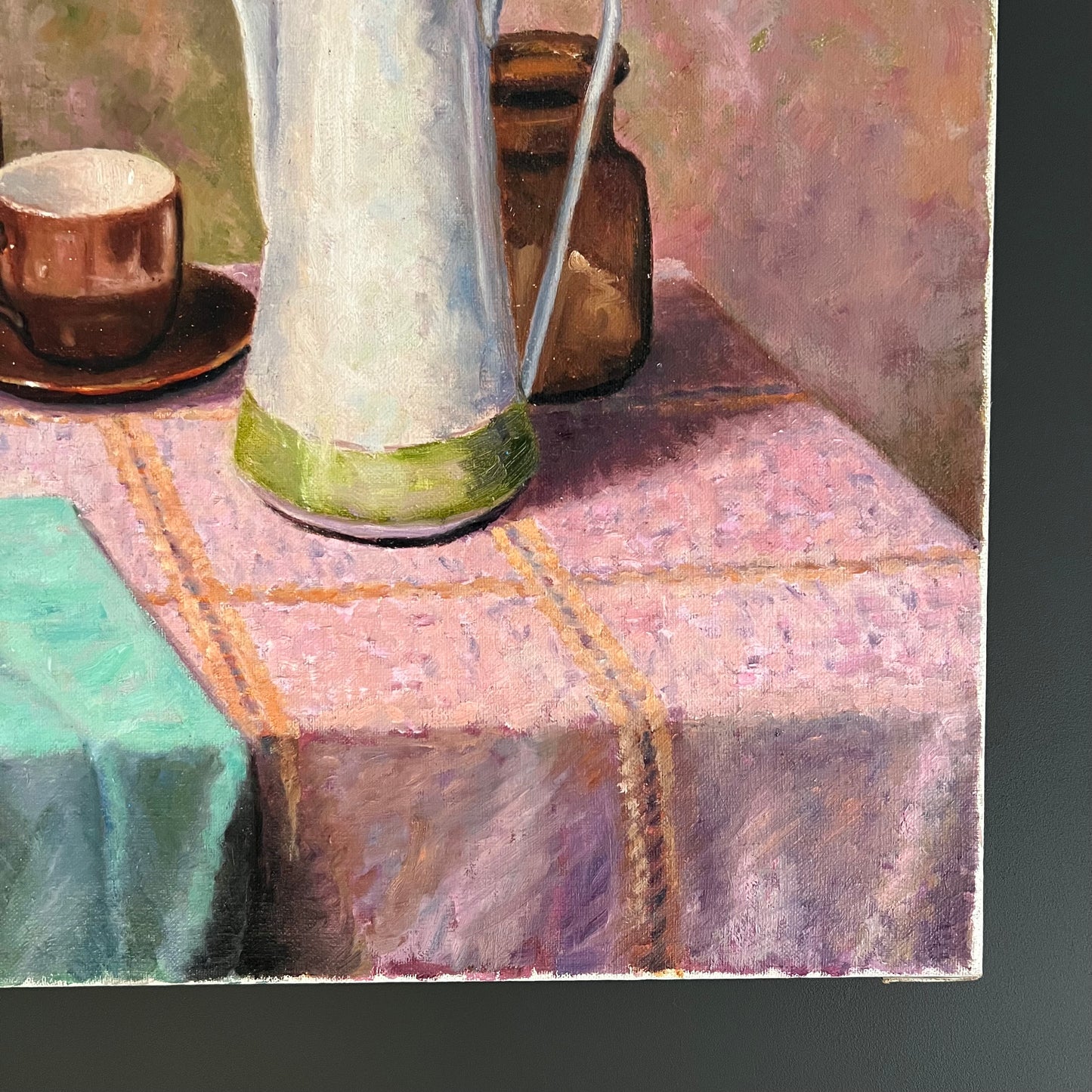 Vintage Oil Painting Still Life Variety of Vessels on Pink Tablecloth