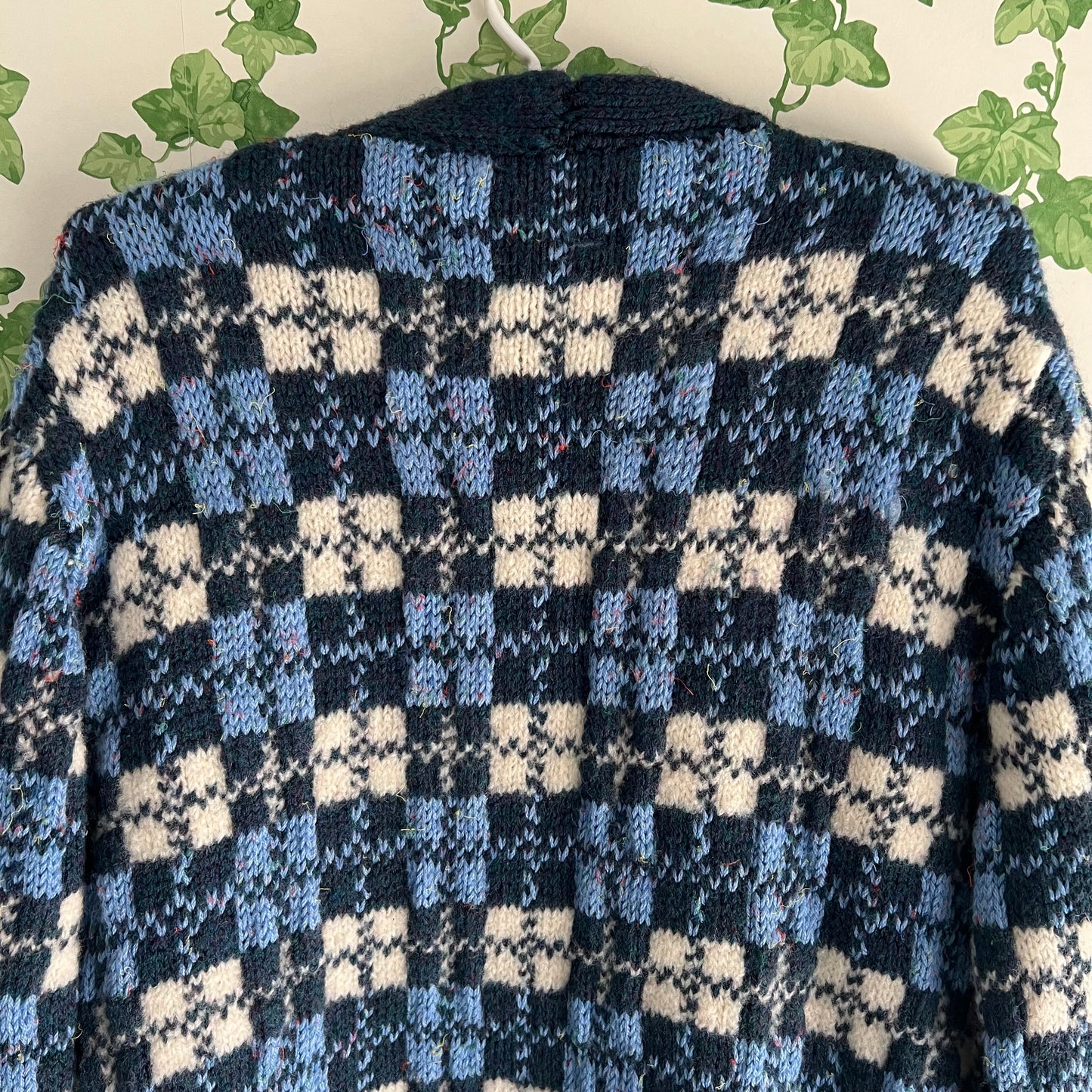 Vintage Hand Knit Wool Cardigan Blue Checks