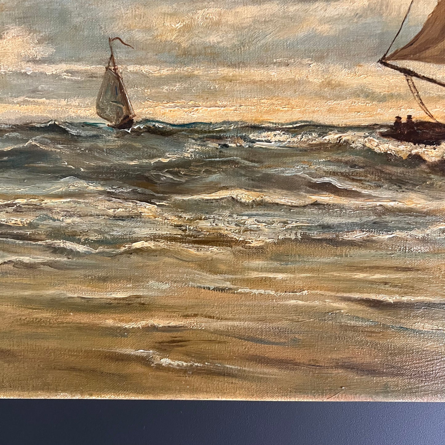 Large Vintage Oil Painting Seascape Sailboats on the Ocean Dutch c1980s