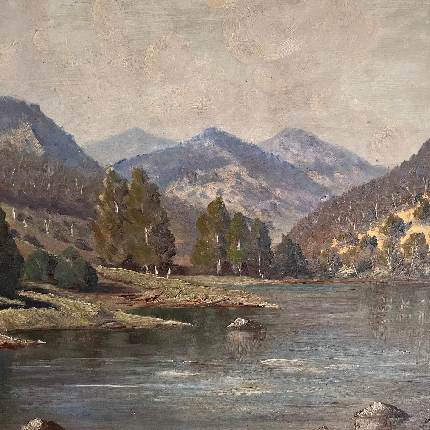 Vintage Oil Painting Landscape Lake Surrounded by Mountains