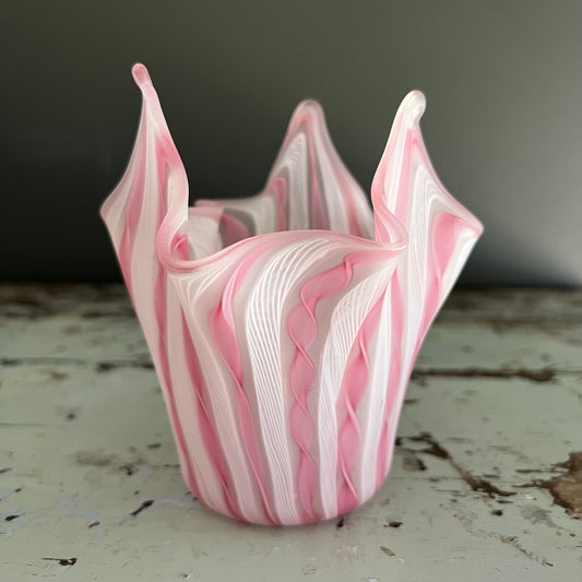 Vintage Pink & White Handkerchief Satin Glass Vase Murano c1960s