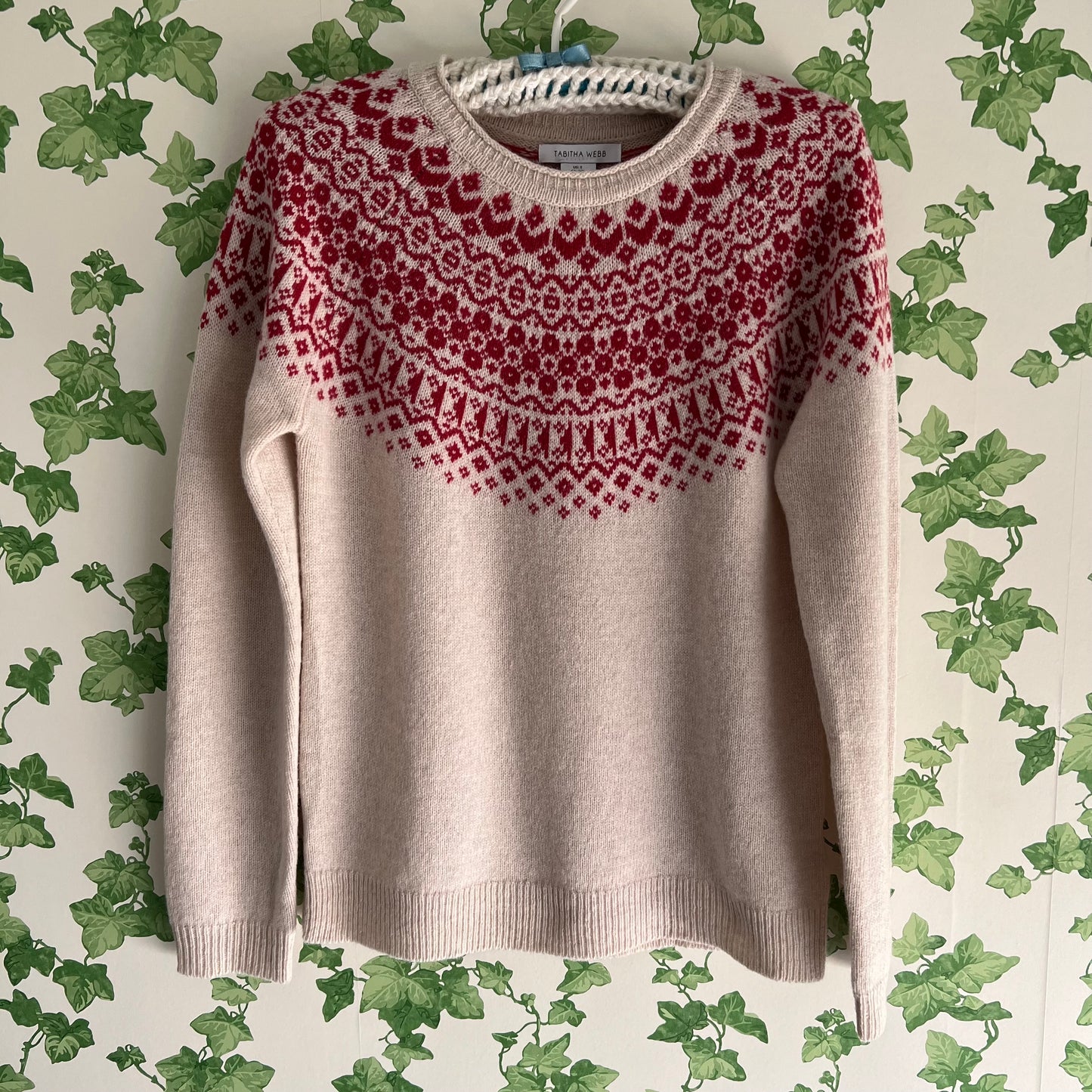 Fair Isle Style Wool Jumper Nougat & Raspberry Red S New