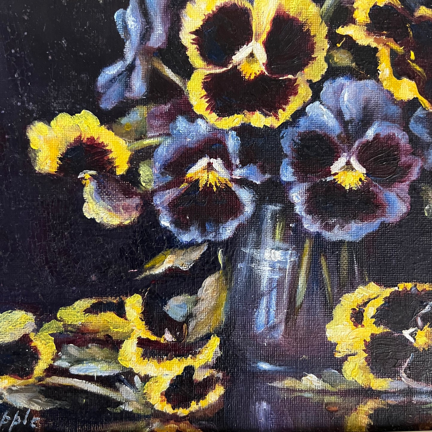 Vintage Oil Painting Still Life Pansies in Vase English 1930s