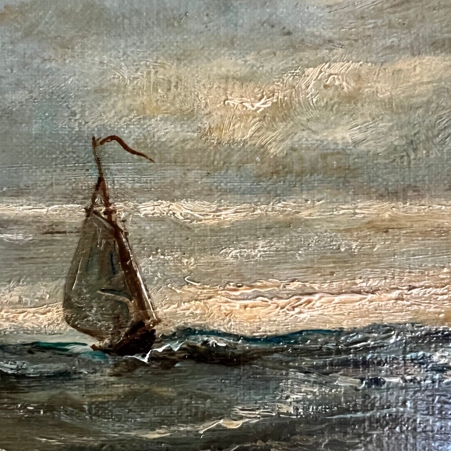 Large Vintage Oil Painting Seascape Sailboats on the Ocean Dutch c1980s