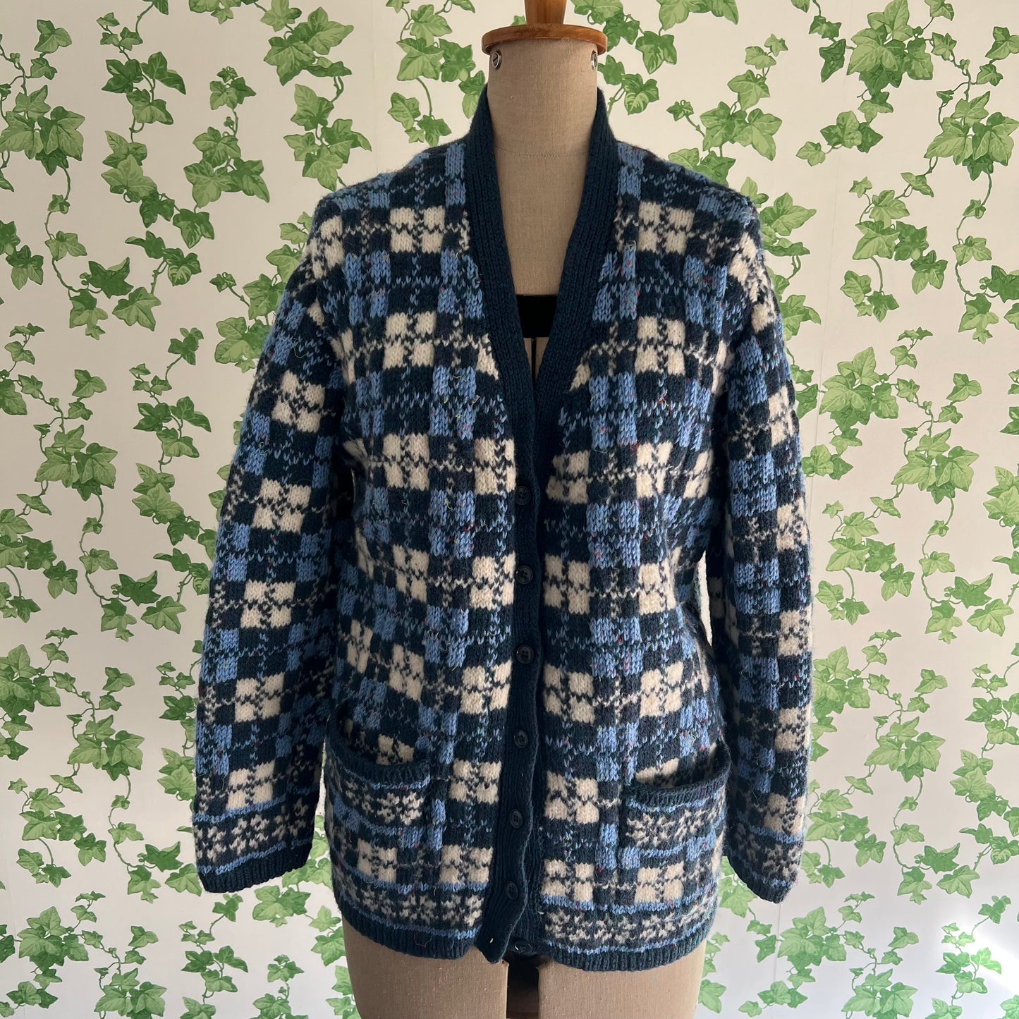 Vintage Hand Knit Wool Cardigan Blue Checks