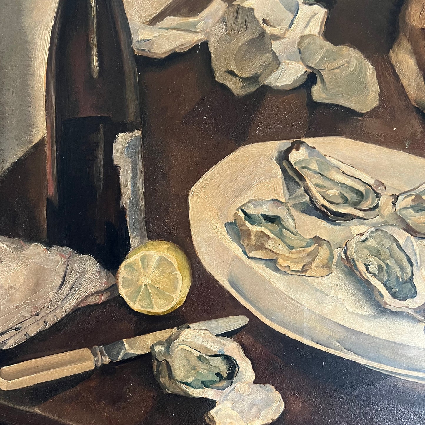 Large Vintage Oil Painting Still Life Oysters, Bread & Wine 1933