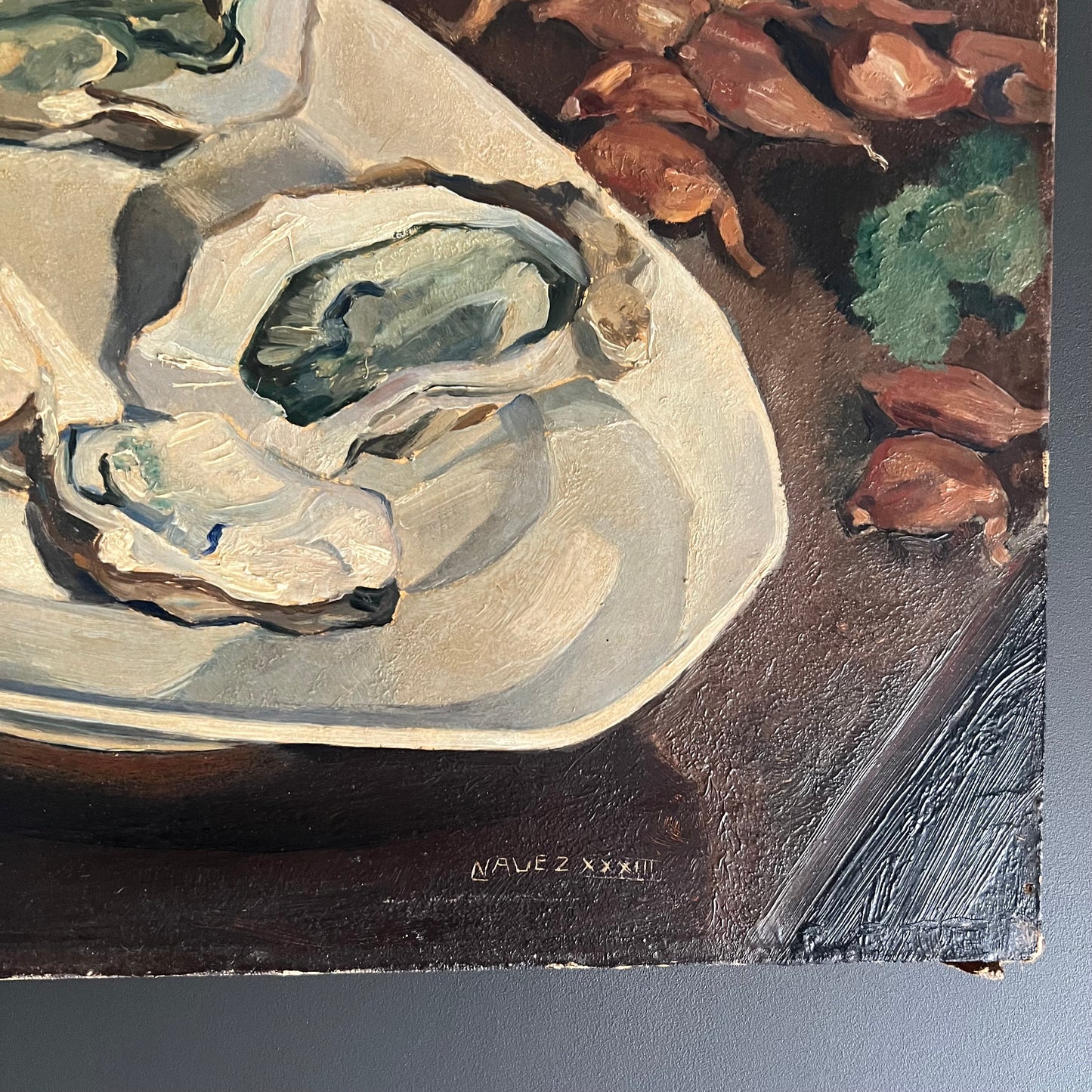 Large Vintage Oil Painting Still Life Oysters, Bread & Wine 1933