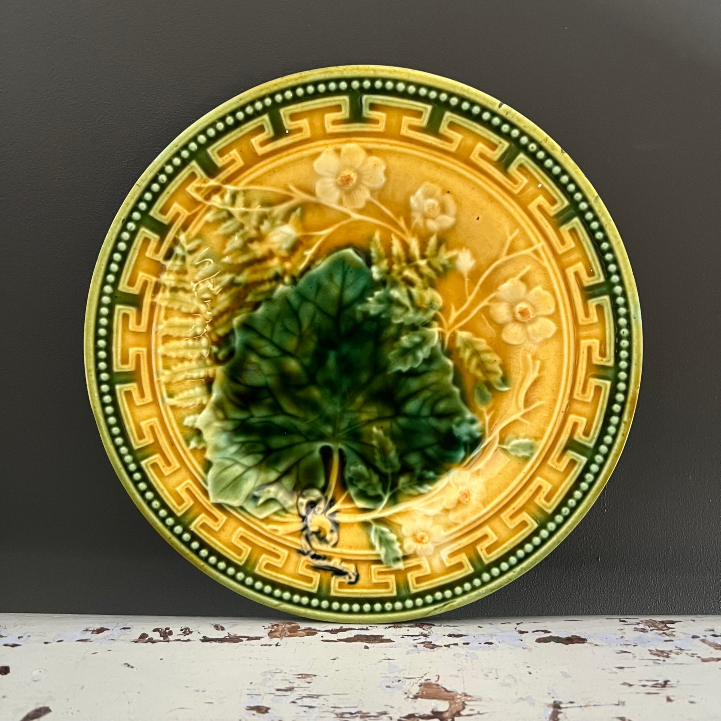 Vintage Majolica Plate Grape Leaf and Fern with Daisy #2