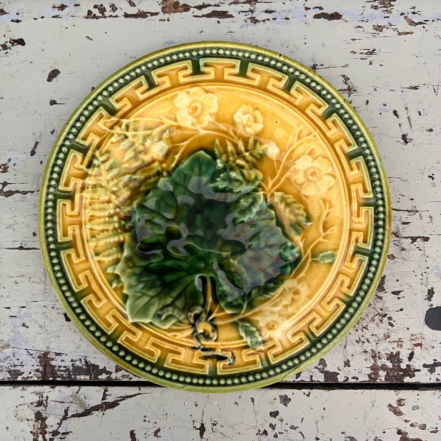 Vintage Majolica Plate Grape Leaf and Fern with Daisy #2