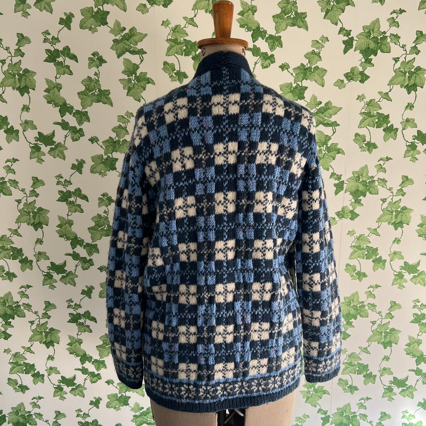 Vintage Hand Knit Wool Cardigan Blue Checks