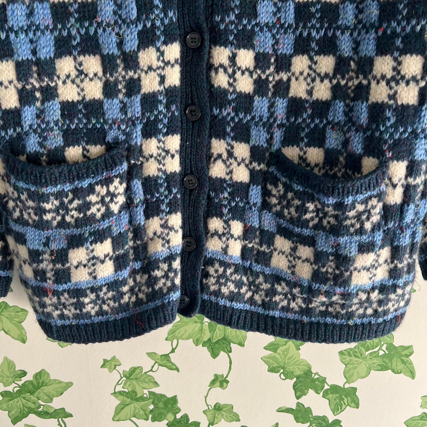 Vintage Hand Knit Wool Cardigan Blue Checks