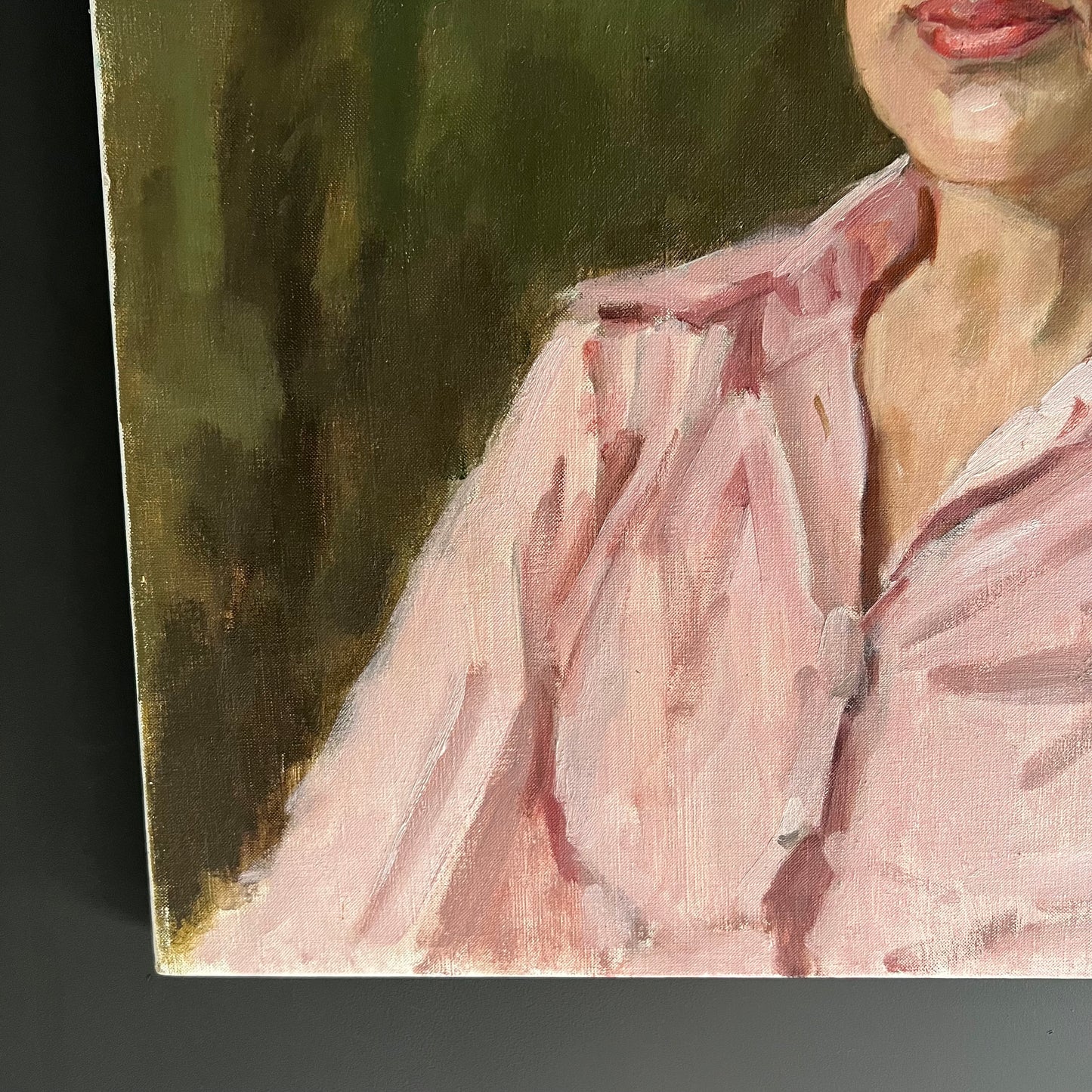 Vintage Oil Painting Portrait Woman in Pink Shirt