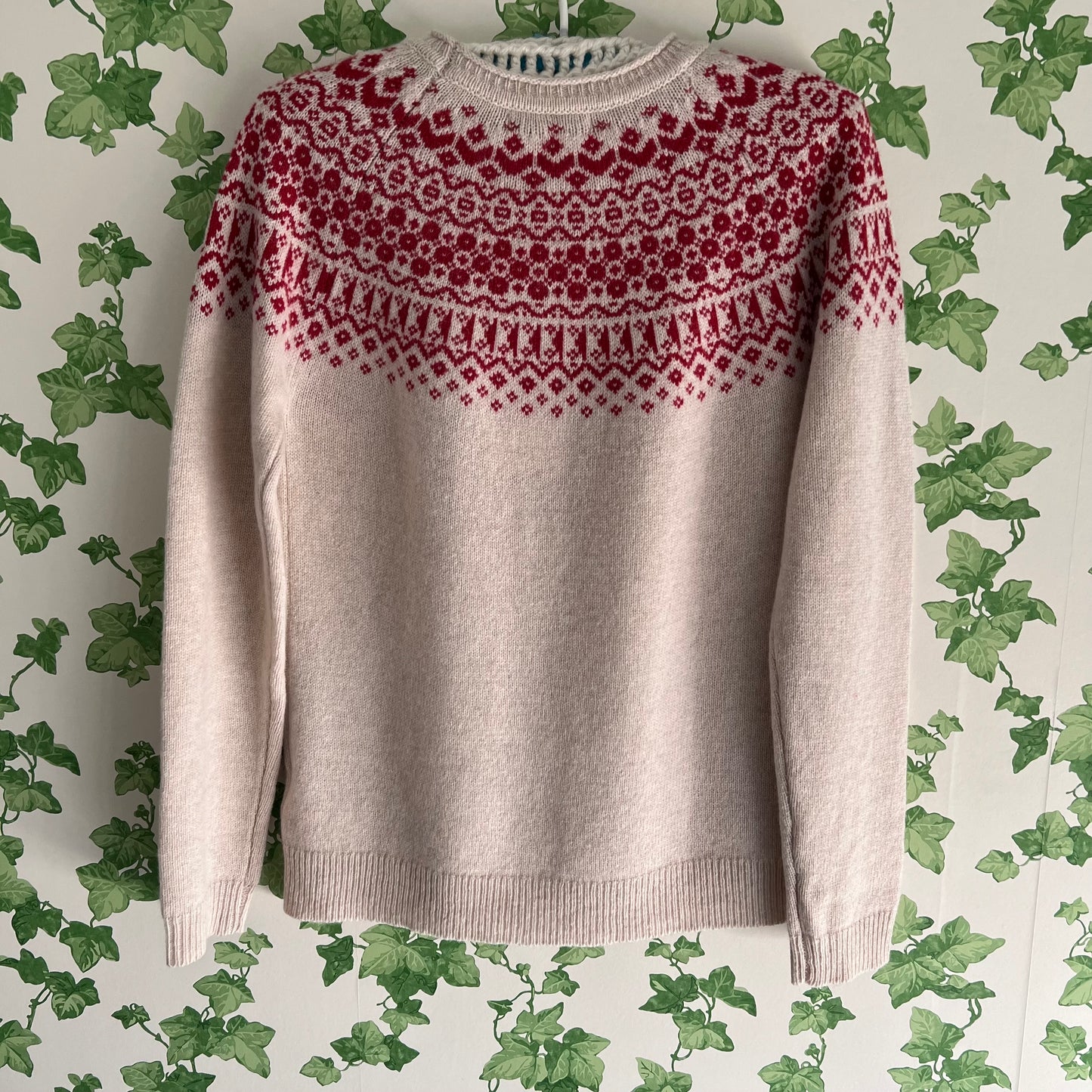 Fair Isle Style Wool Jumper Nougat & Raspberry Red S New