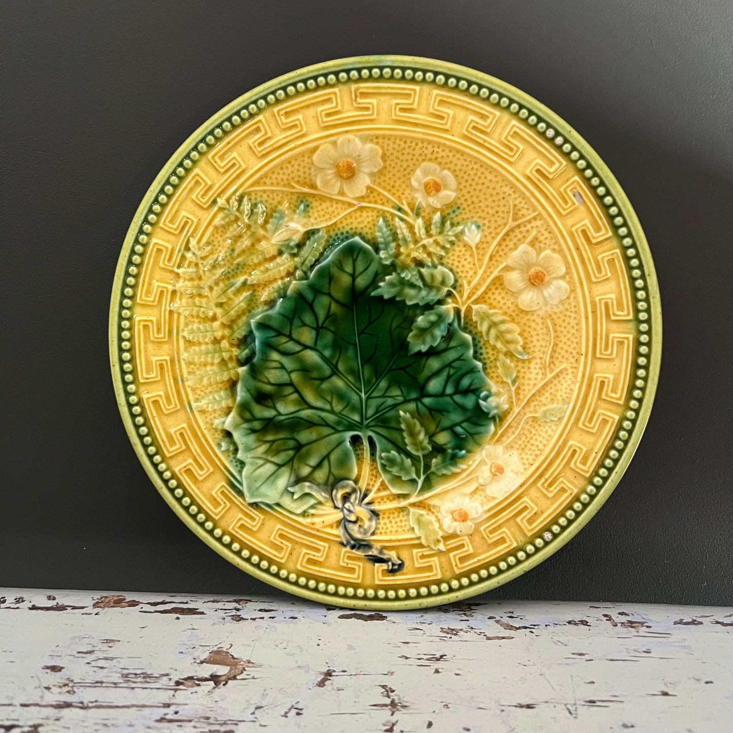 Vintage Majolica Plate Grape Leaf and Fern with Daisy #1