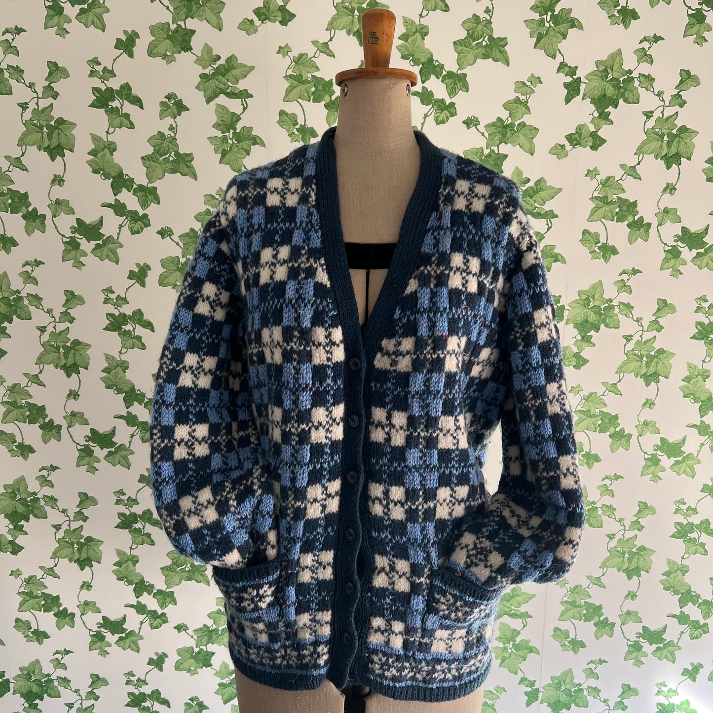 Vintage Hand Knit Wool Cardigan Blue Checks