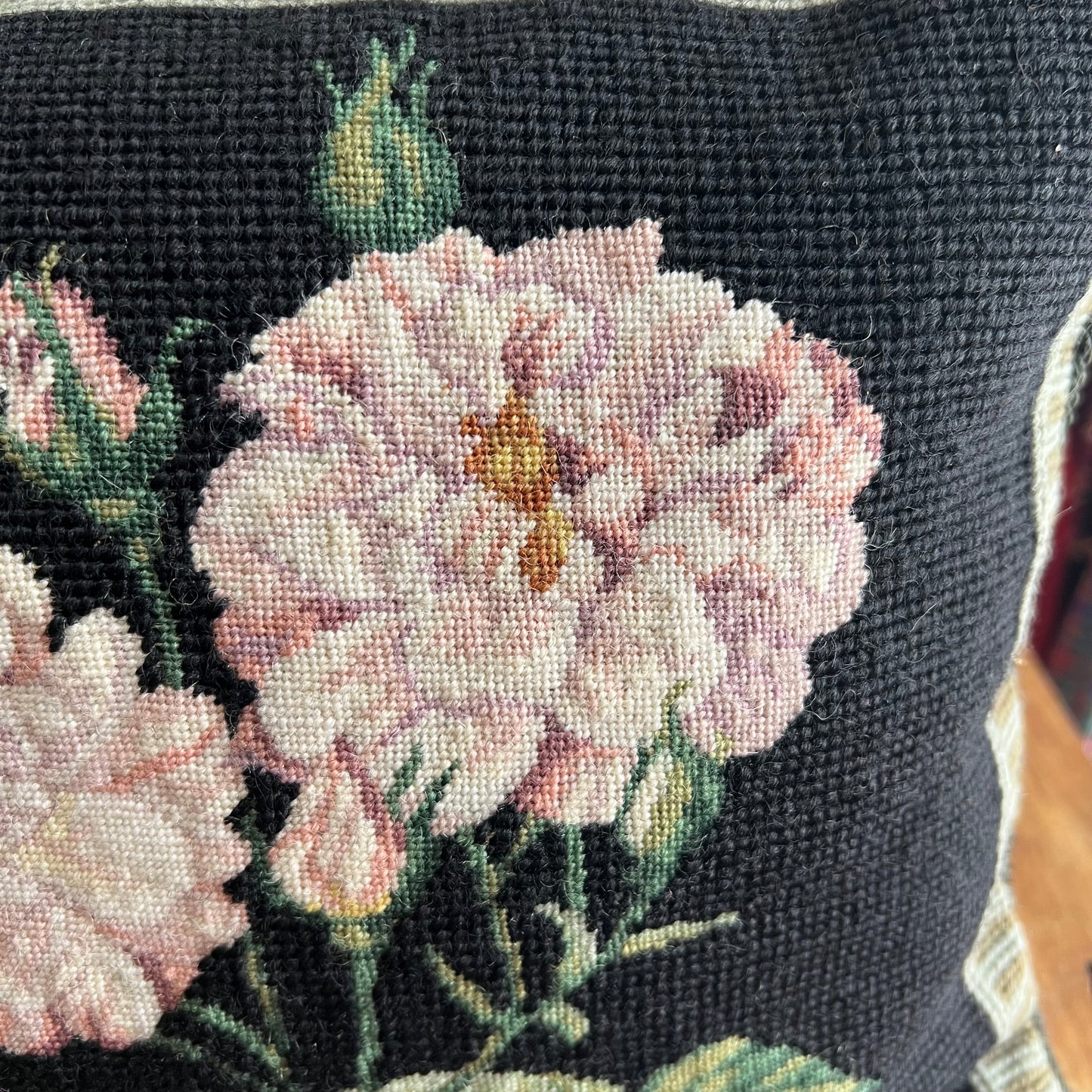 Gorgeous Blush Pink Roses & Buds Wool Tapestry & Velvet Cushion