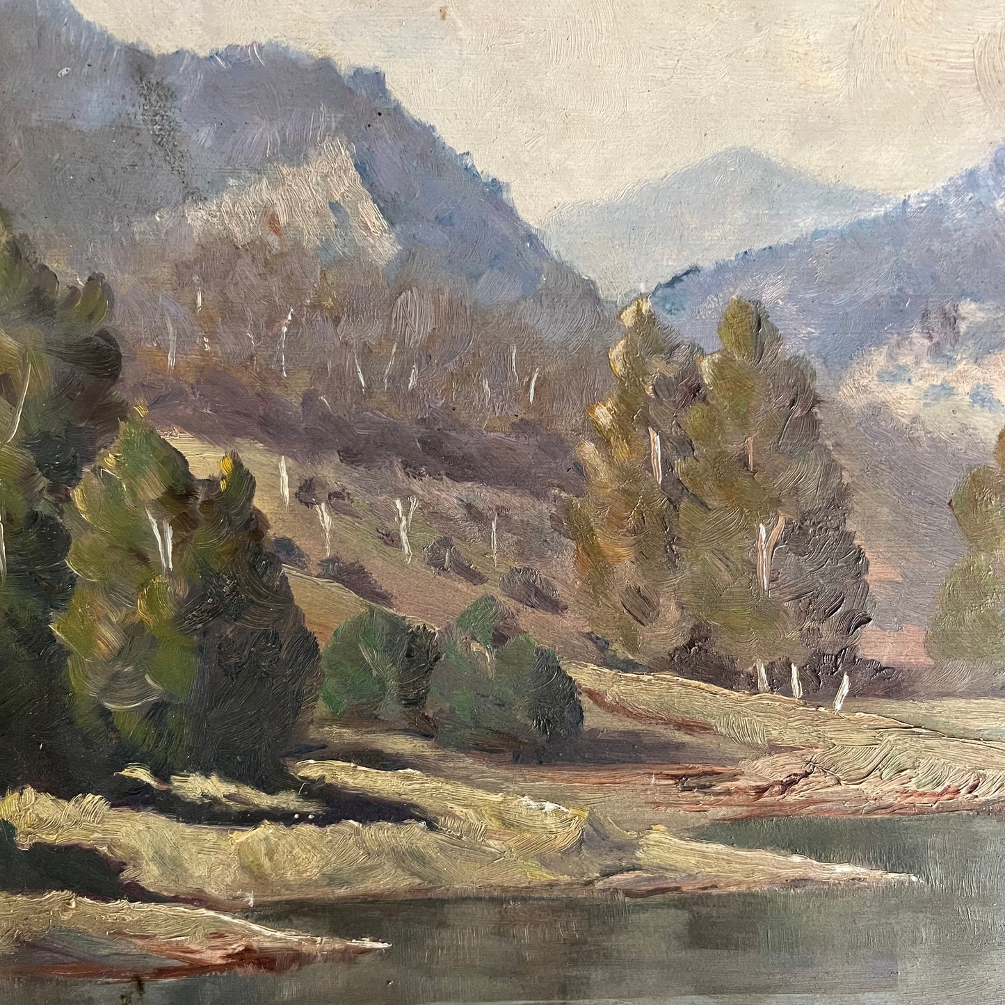 Vintage Oil Painting Landscape Lake Surrounded by Mountains