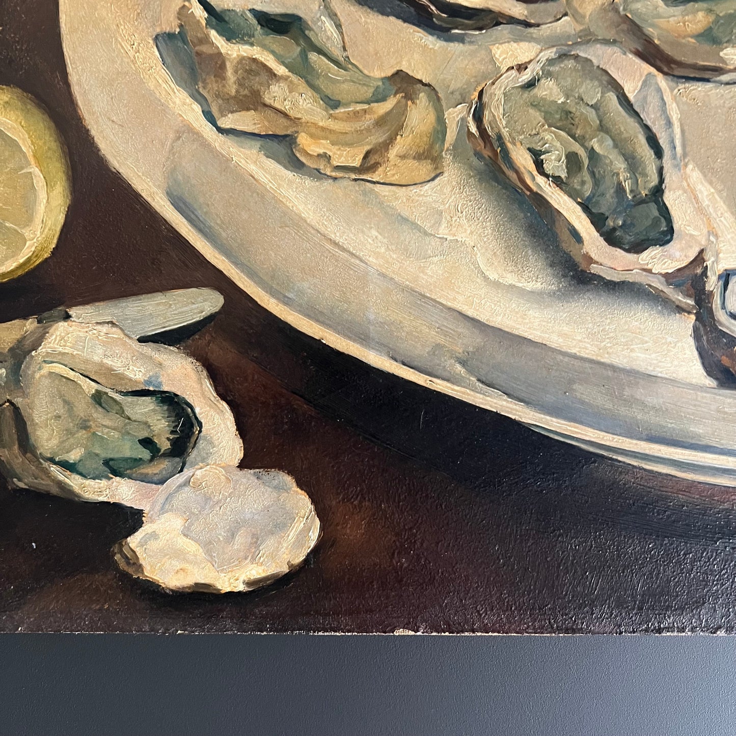 Large Vintage Oil Painting Still Life Oysters, Bread & Wine 1933