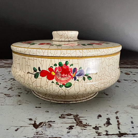 Vintage Round Candy Tin Floral and Paint Crackle