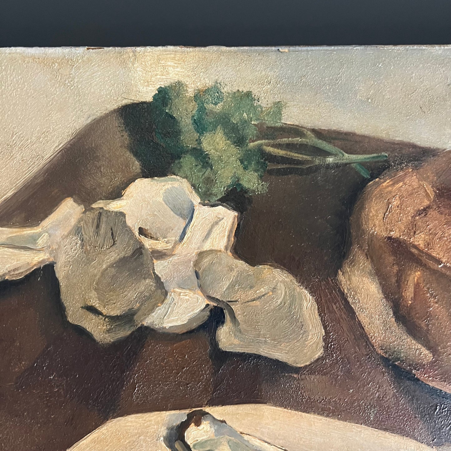 Large Vintage Oil Painting Still Life Oysters, Bread & Wine 1933