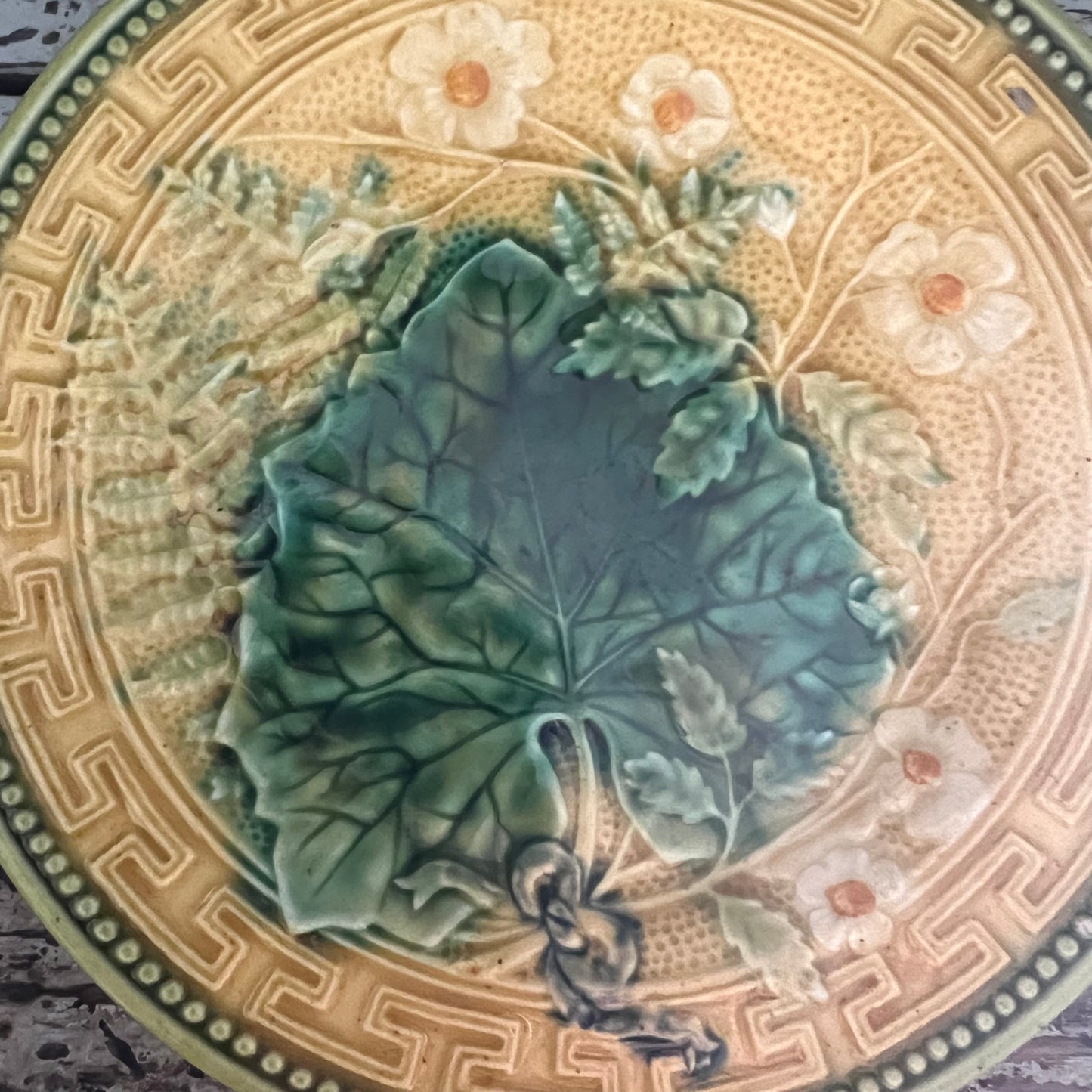 Vintage Majolica Plate Grape Leaf and Fern with Daisy #1