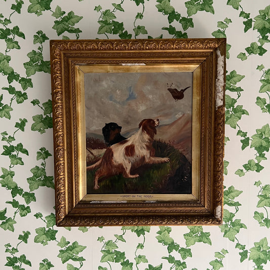 Antique Oil Painting Landscape Duo of Dogs & Pheasant