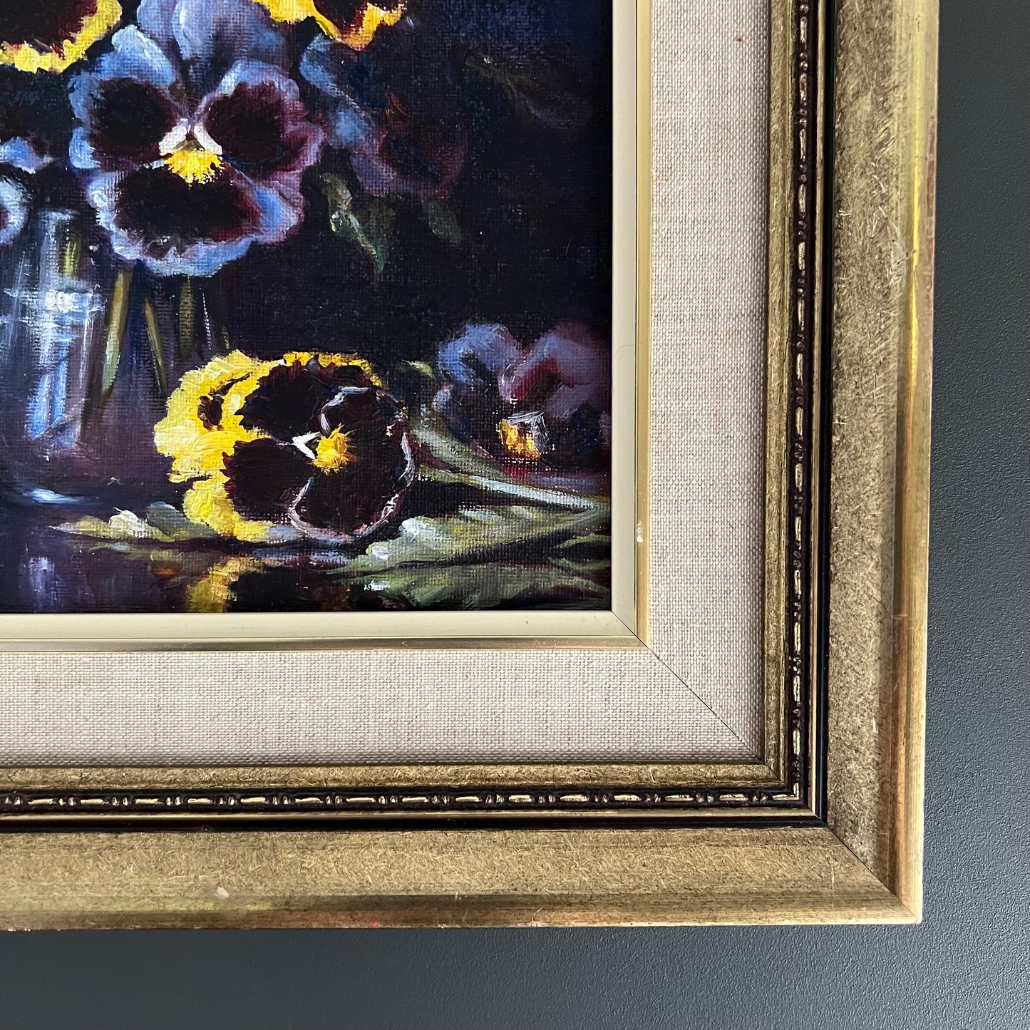 Vintage Oil Painting Still Life Pansies in Vase English 1930s