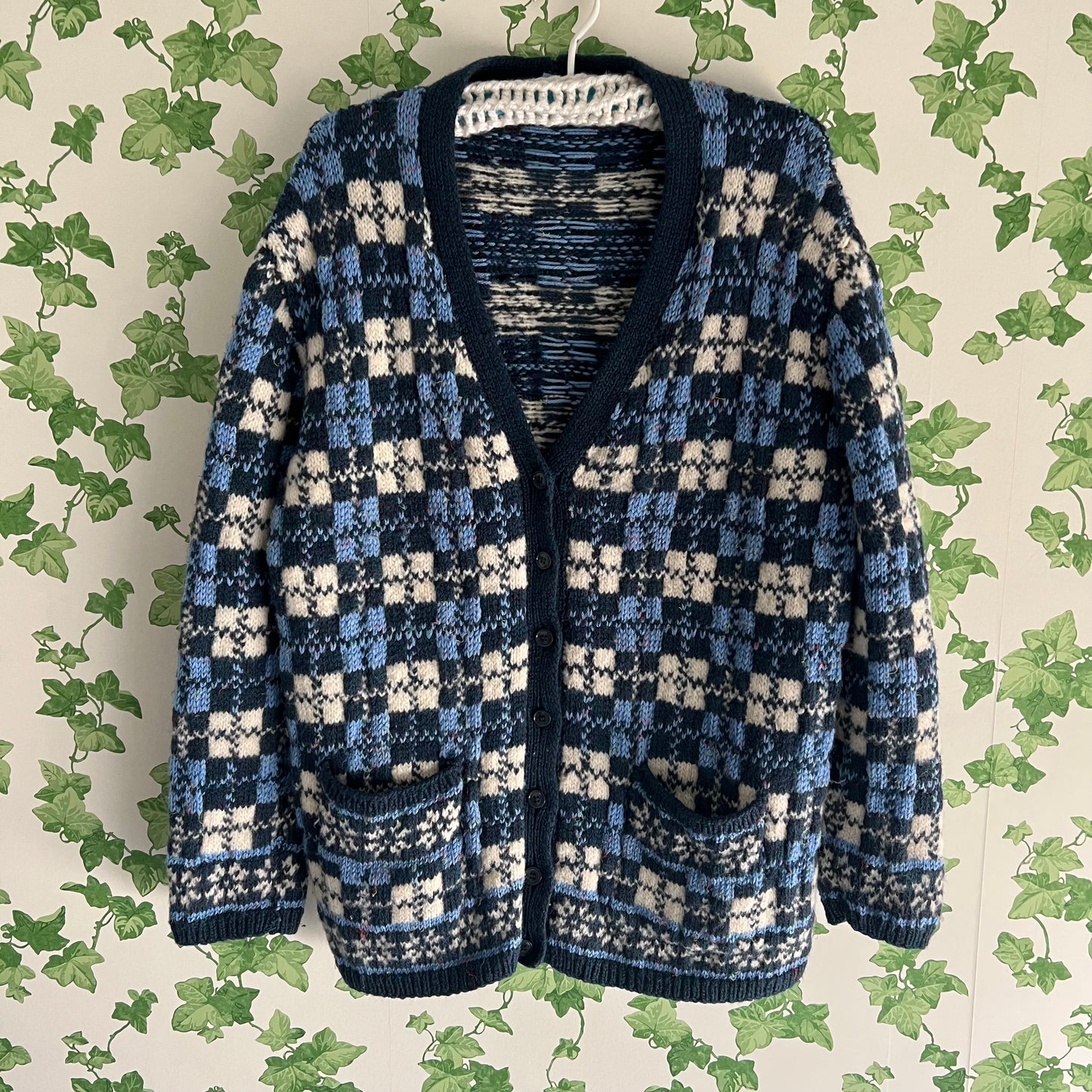 Vintage Hand Knit Wool Cardigan Blue Checks