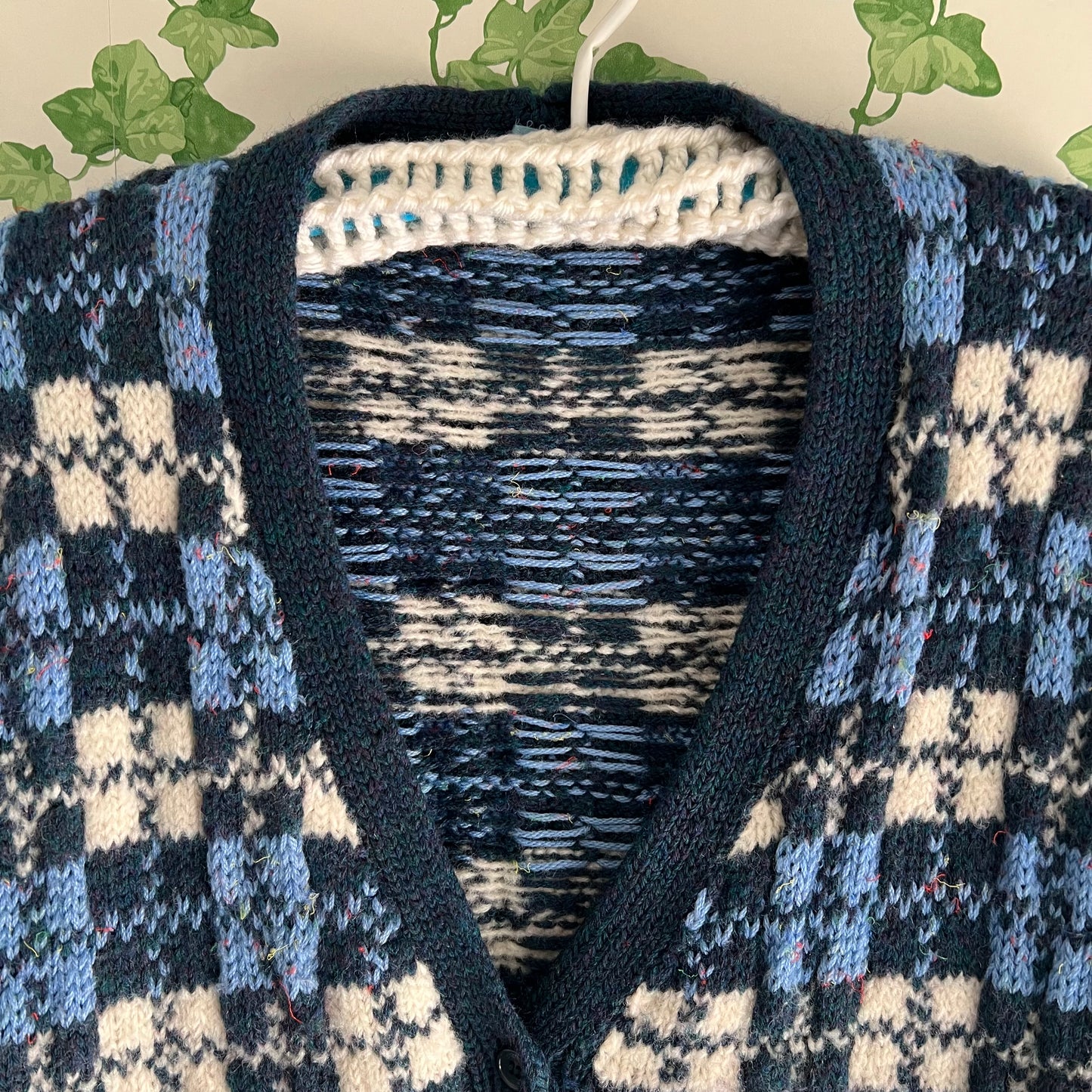 Vintage Hand Knit Wool Cardigan Blue Checks