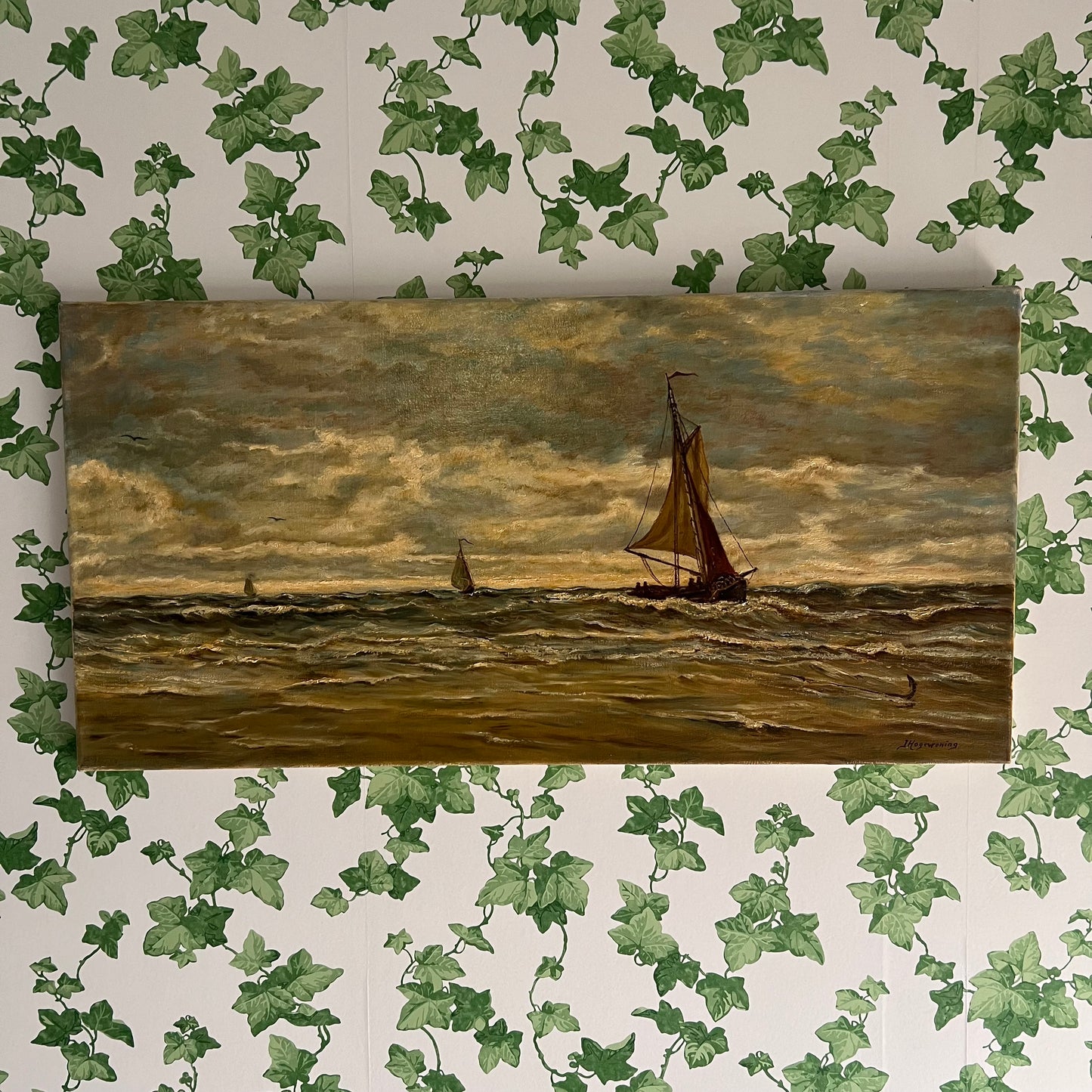 Large Vintage Oil Painting Seascape Sailboats on the Ocean Dutch c1980s