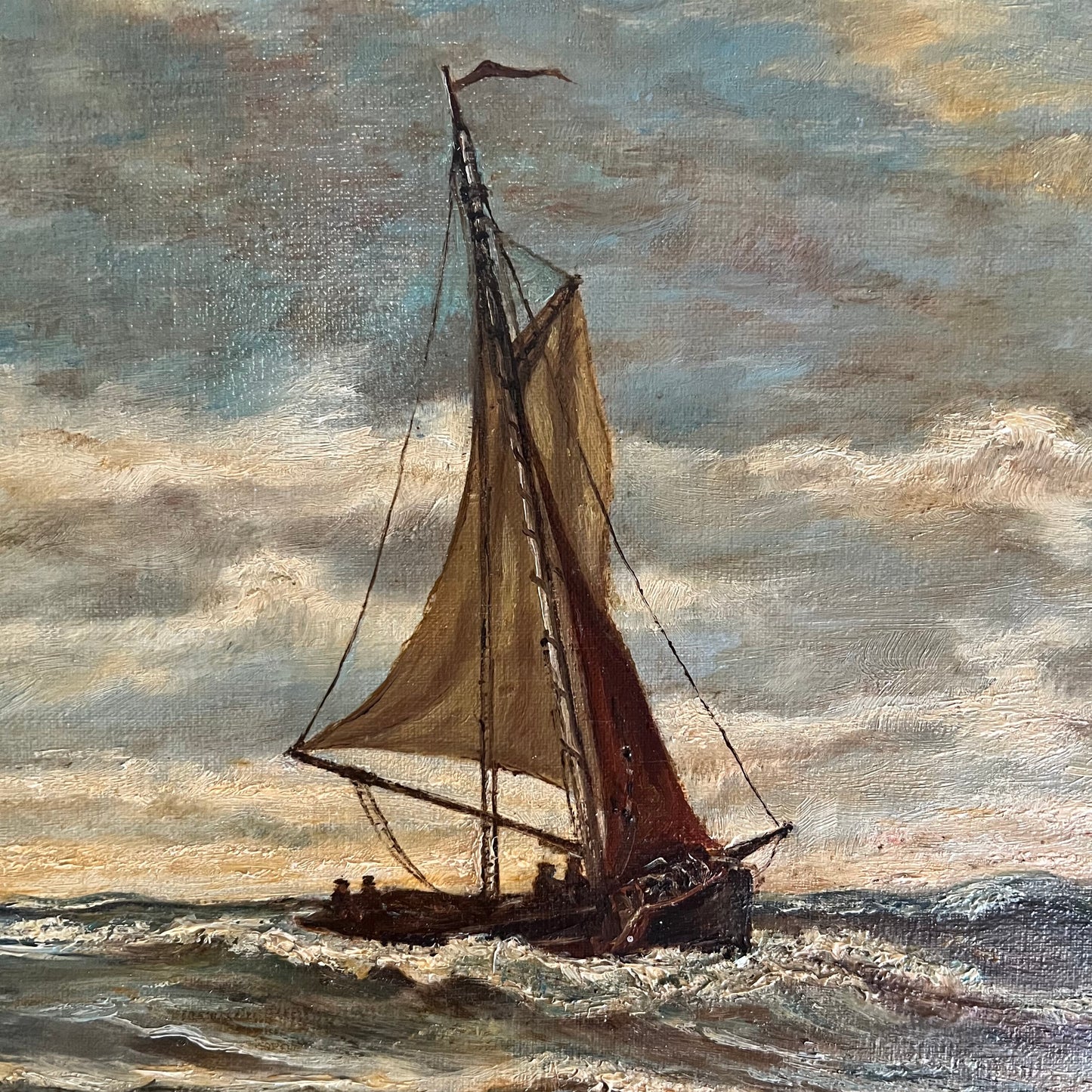 Large Vintage Oil Painting Seascape Sailboats on the Ocean Dutch c1980s