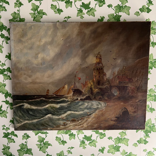 Large Rustic Antique Oil Painting Seascape Ships near the Shore with Lighthouse