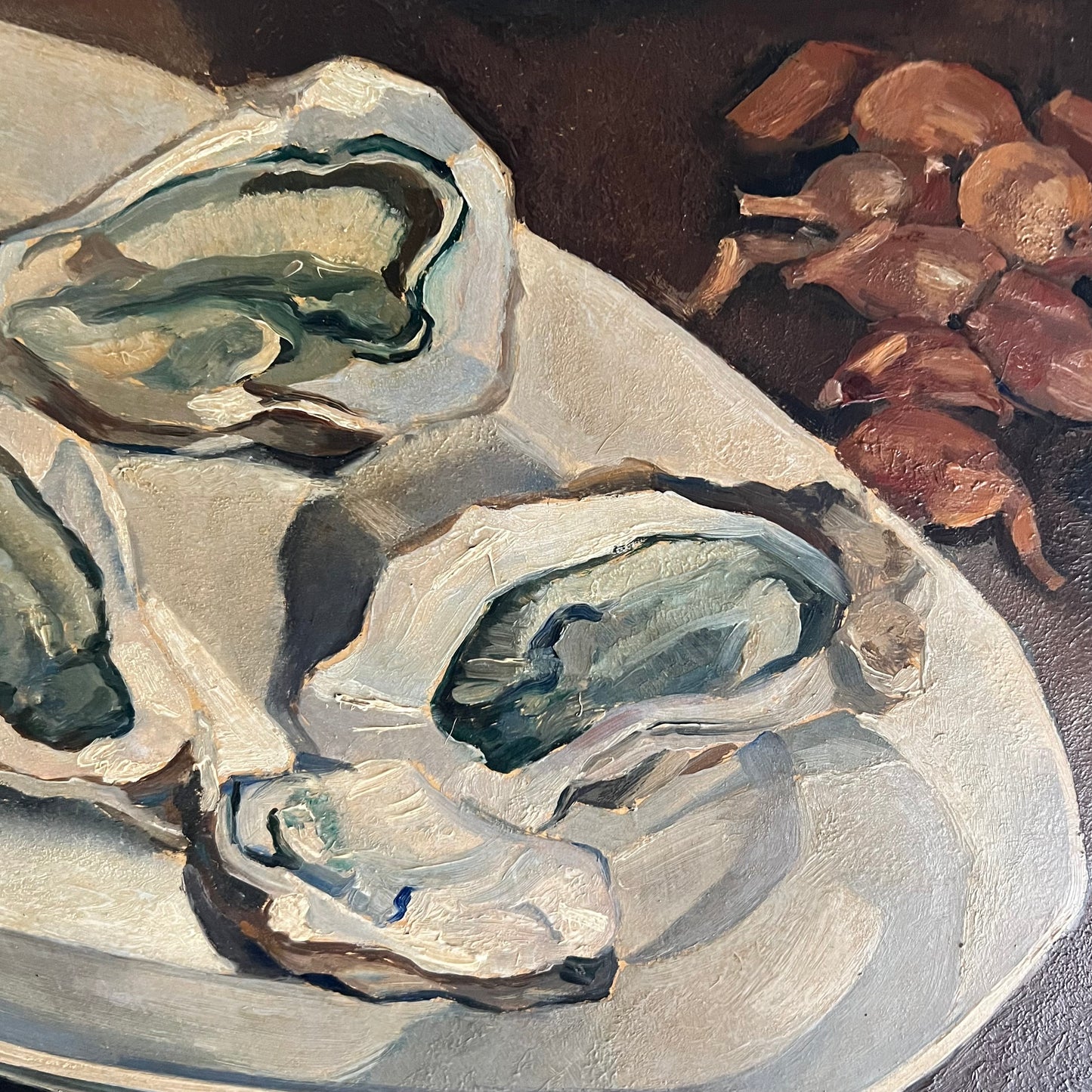 Large Vintage Oil Painting Still Life Oysters, Bread & Wine 1933