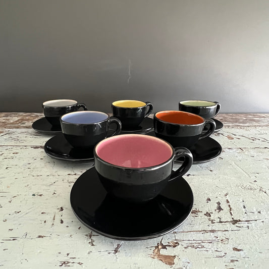 Vintage Mid Century Pottery Harlequin Cup Saucer Set 6