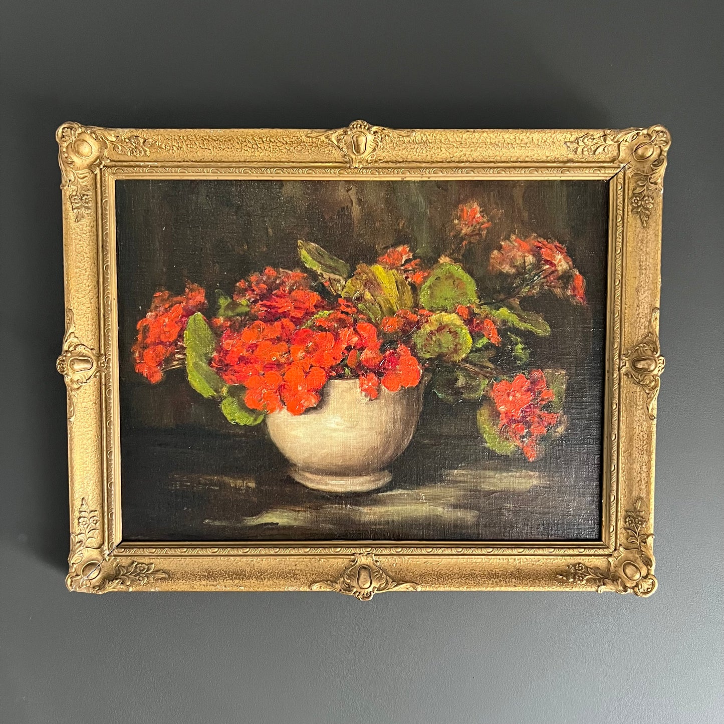 Vintage Oil Painting Still Life Red Geraniums Pelargoniums in Pot 1930s