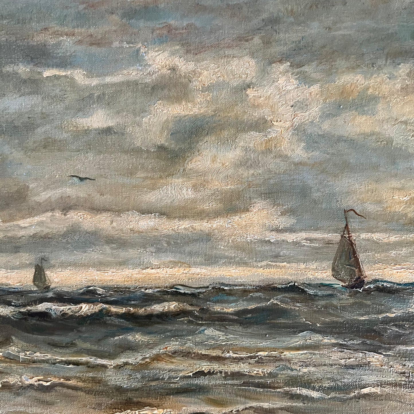 Large Vintage Oil Painting Seascape Sailboats on the Ocean Dutch c1980s