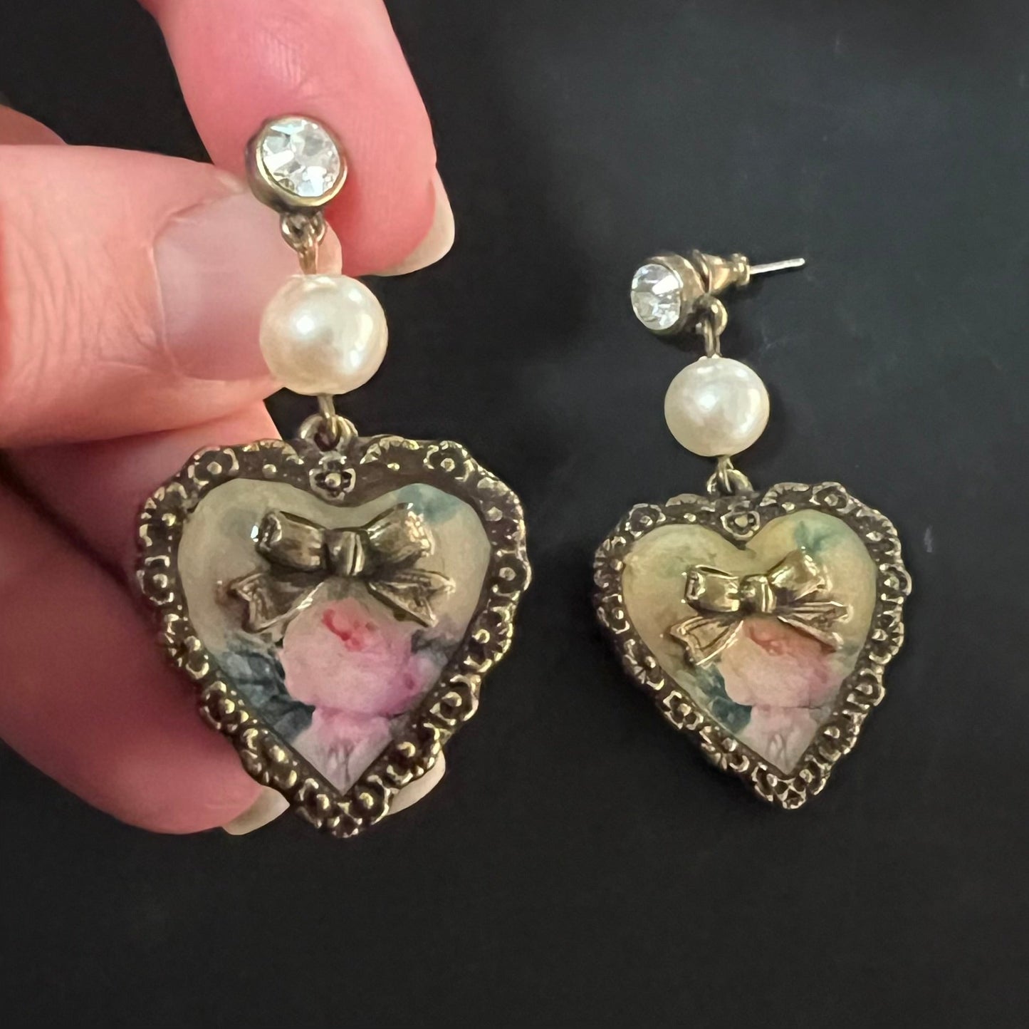 Vintage Earrings Heart, Bow, Rose & Pearl Designer Peter Lang