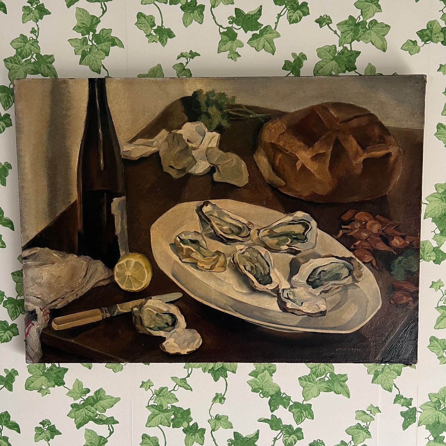 Large Vintage Oil Painting Still Life Oysters, Bread & Wine 1933