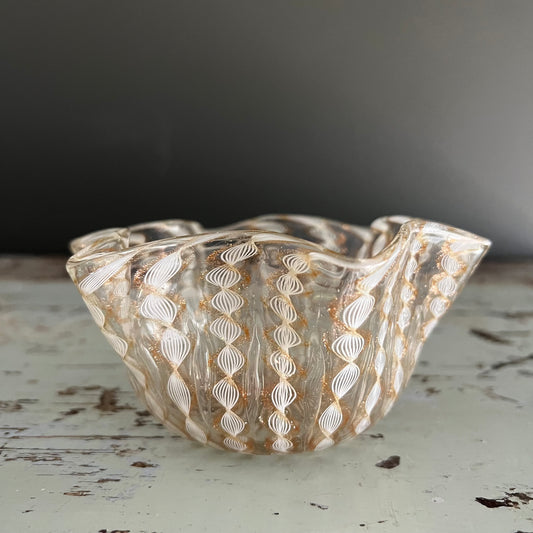 Vintage Gold & White Glass Bowl Murano c1960s