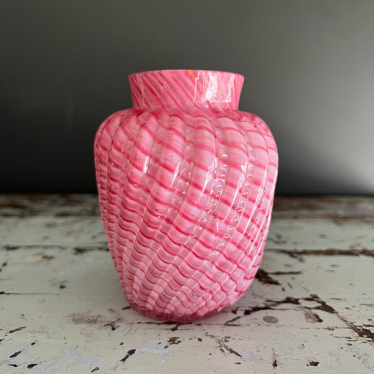 Antique Victorian Cased Pink & White Stripe Glass Vase Czech