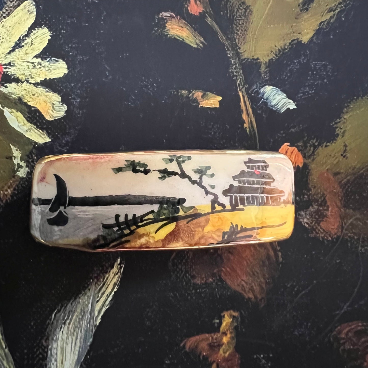 Vintage Hand Painted Hair Clip Scenes of Japan