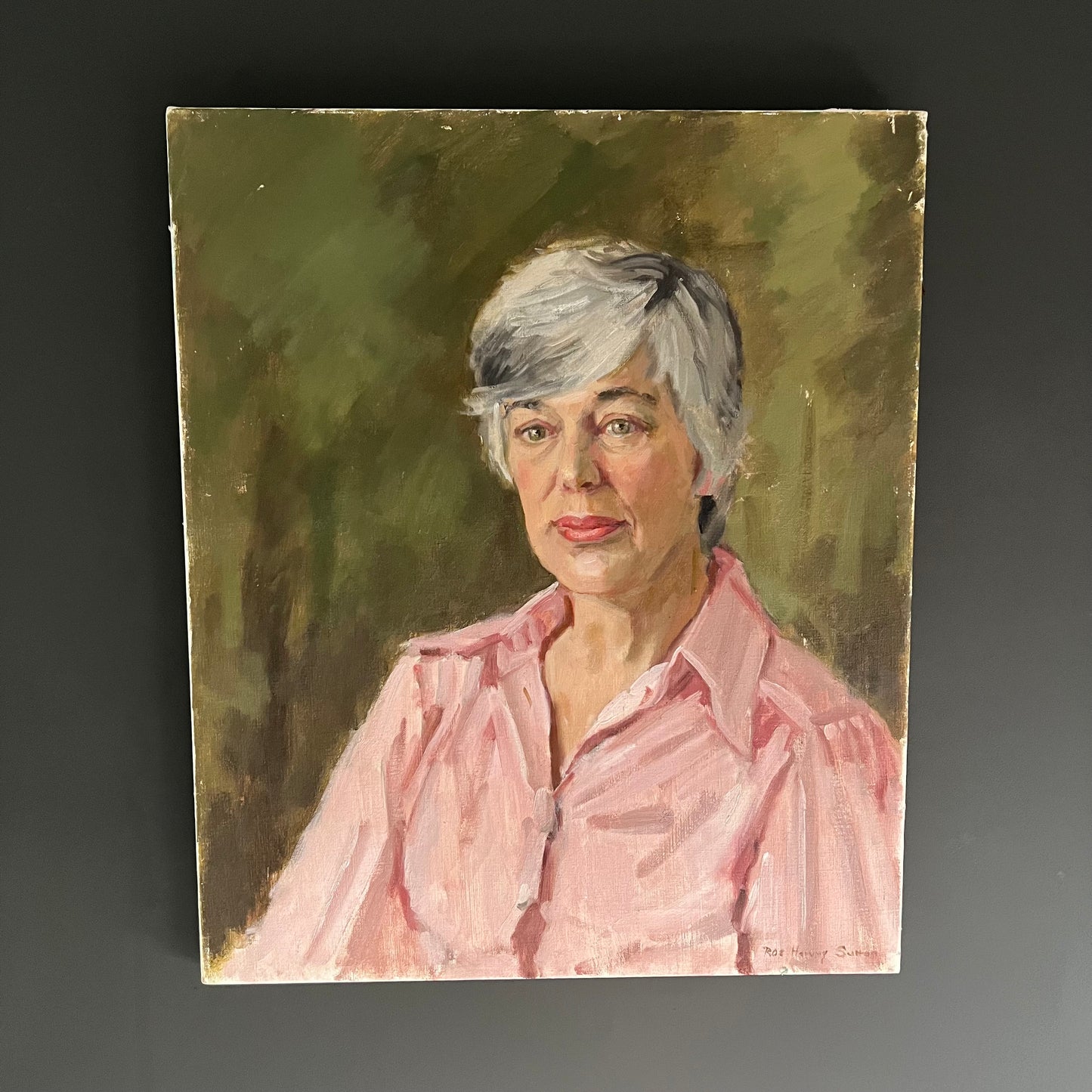 Vintage Oil Painting Portrait Woman in Pink Shirt