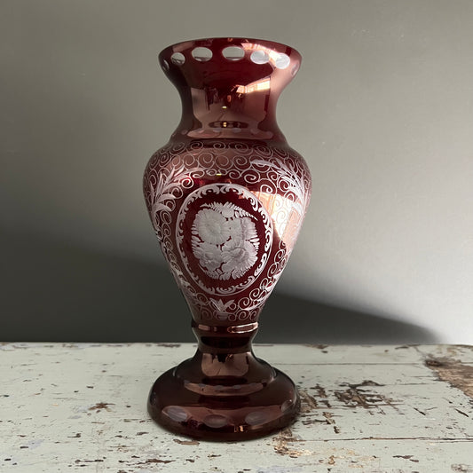 Vintage Bohemian Cut to Clear Ruby Glass Vase