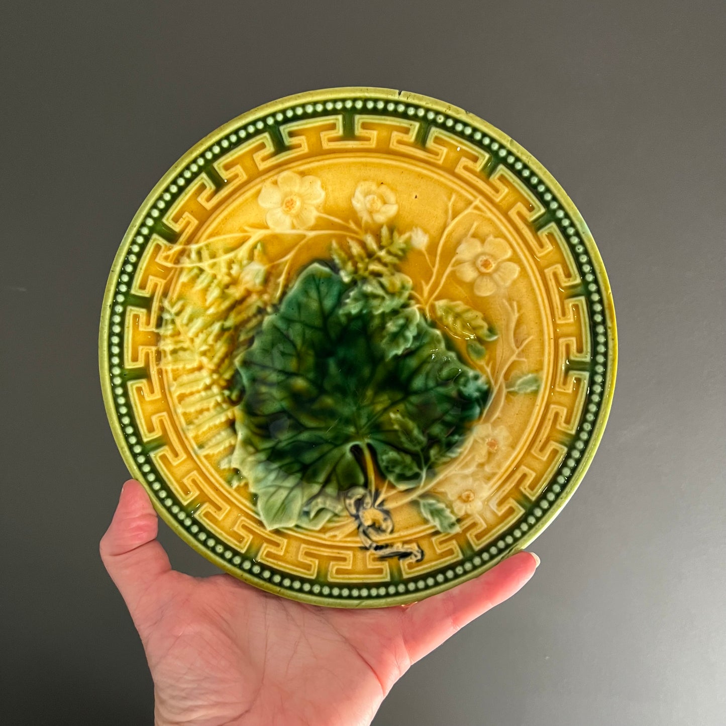 Vintage Majolica Plate Grape Leaf and Fern with Daisy #2