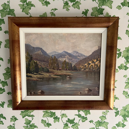 Vintage Oil Painting Landscape Lake Surrounded by Mountains