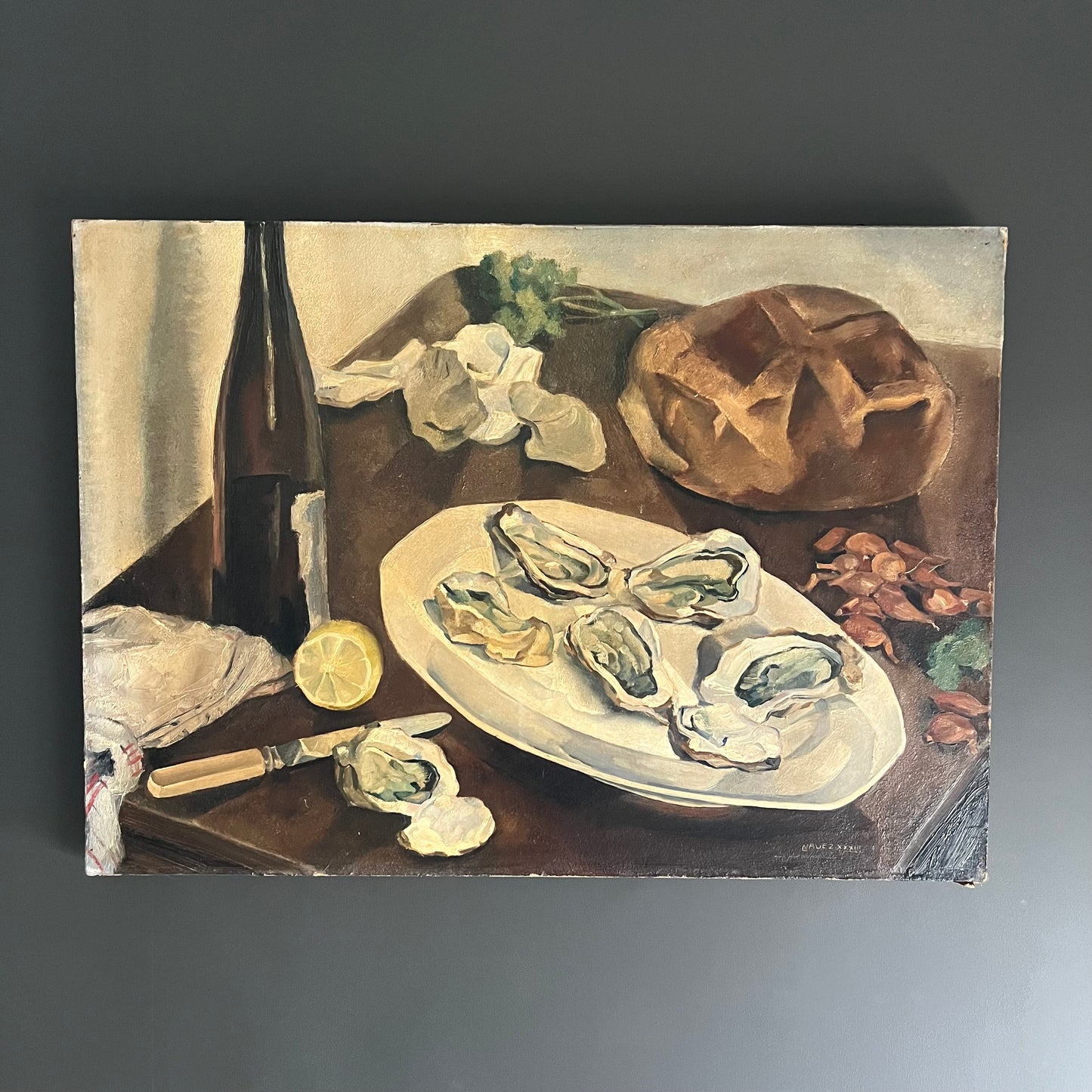 Large Vintage Oil Painting Still Life Oysters, Bread & Wine 1933