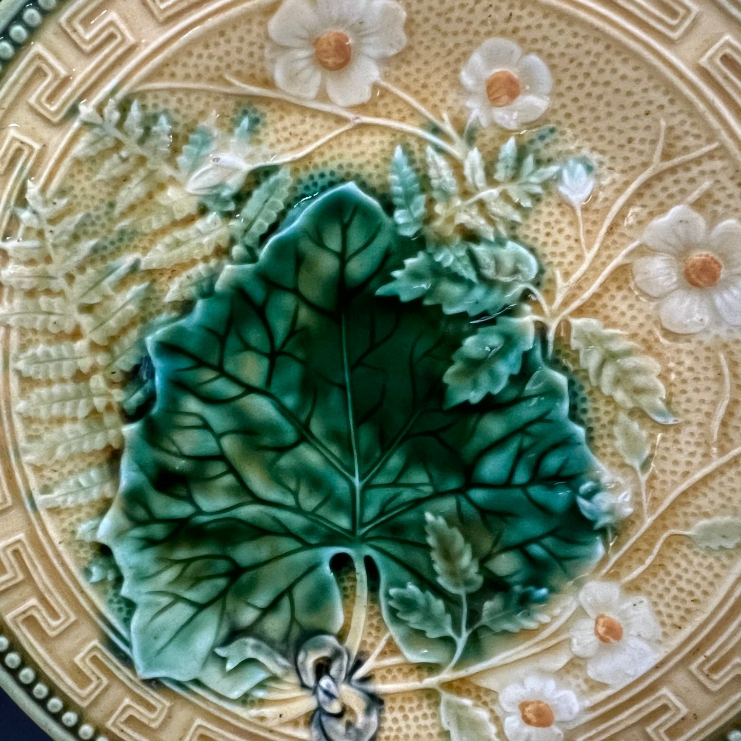 Vintage Majolica Plate Grape Leaf and Fern with Daisy #1