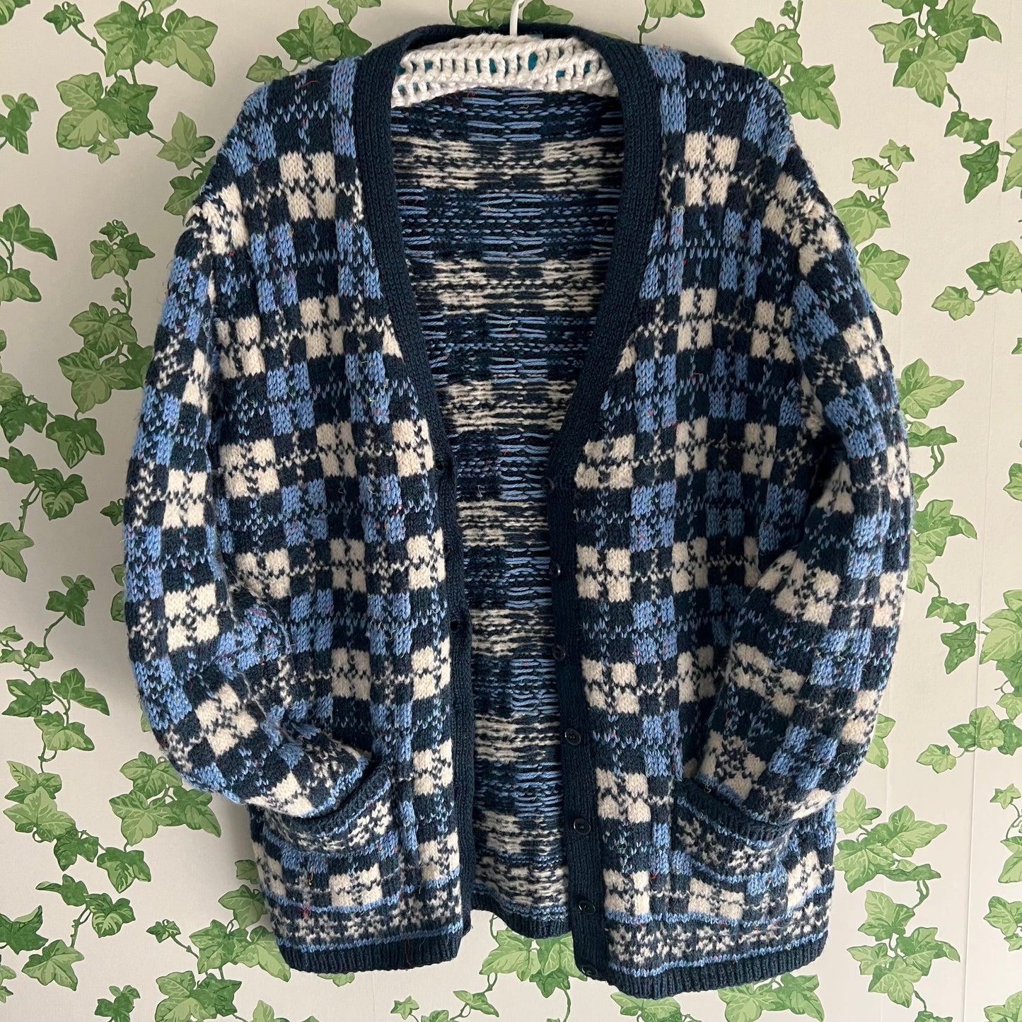 Vintage Hand Knit Wool Cardigan Blue Checks